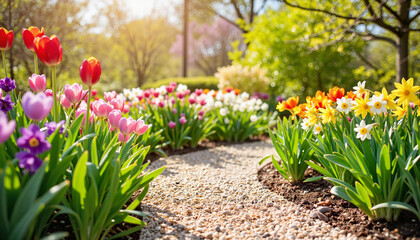 Vibrant spring blooms lining serene garden path, nature's beauty