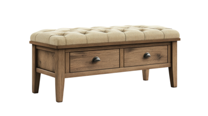 Stylish wooden bench with tufted fabric cushion and storage drawers for versatile home use isolated on transparent background