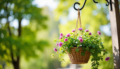 Hanging flower basket in lush garden, natural beauty