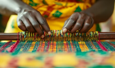 Hands weave colorful textile on loom.