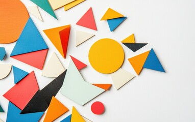 An abstract arrangement of colorful geometric shapes, including triangles and circles, on a clean white background