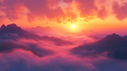 Fototapeta premium Stunning sunset over majestic mountains and clouds in vibrant colors.