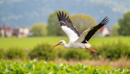 Fototapeta premium Graceful stork gliding over lush green fields, natural beauty