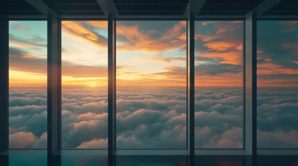 Fototapeta premium Stunning sunset view through glass windows overlooking serene clouds.
