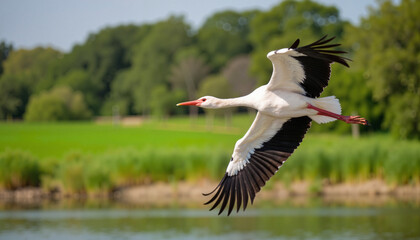 Fototapeta premium Stork gliding serenely over lush landscape, nature's tranquility