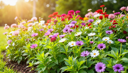 Obraz premium Vibrant flower beds blooming in sunlight, nature's beauty