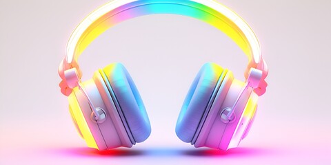 3D cartoon game scene, colorful fluorescent light rainbow glowing headphones with ear cups that can be opened up to hear music and talk at the same time, front view angle, pure white background