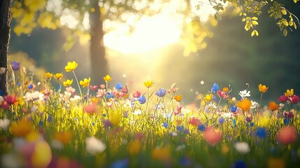 Fototapeta premium Sunset meadow wildflowers spring vibrant nature