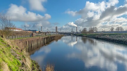 Fototapeta premium environmental damage concept, Polluted water is being discharged from industrial pipes into a river