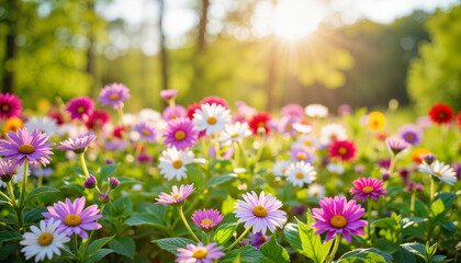 Obraz premium Blooming flowers in vibrant colors under sunlight, serene nature