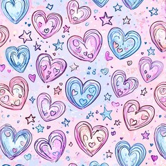 Pastel Hearts and Stars Seamless Pattern: A charming and whimsical seamless pattern featuring hand-drawn pastel hearts and stars on a soft, gradient background. Perfect for textile design.