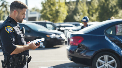 Police officer writing a report at the scene of a minor car accident in a parking lot with damaged vehicles in the background

