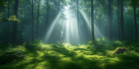 Obraz premium Sunbeams pierce misty forest, illuminating mossy ground.