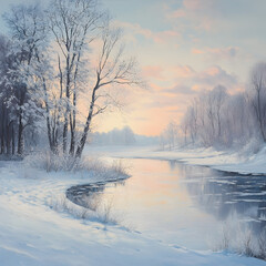 Winter's Tranquility: A serene winter landscape unfolds, a frosty river meandering through snow-covered trees, bathed in the soft hues of a breathtaking sunrise. 