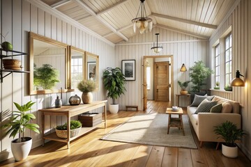 High-depth-of-field mockup reveals a detailed Scandinavian farmhouse hall's interior wall.