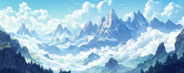 A majestic mountain range stretching as far as the eye can see, its peaks towering into the clouds.