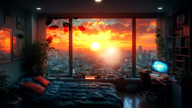 Modern bedroom with large windows overlooking city skyline and vibrant sunset seamless looping 4k time-lapse animation video background