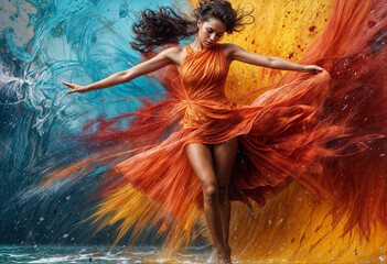 Woman in flowing orange dress against vibrant abstract background.  Dynamic pose and rich colors.