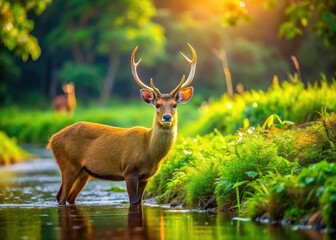 Fototapeta premium Indochinese hog deer: a panoramic wildlife photograph capturing the beauty of this Asian deer in its natural habitat.