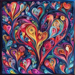 Quilled Heart Mandala: An intricate and vibrant mandala of hearts created with colorful quilled paper, showcasing a stunning array of textures and swirling patterns. 