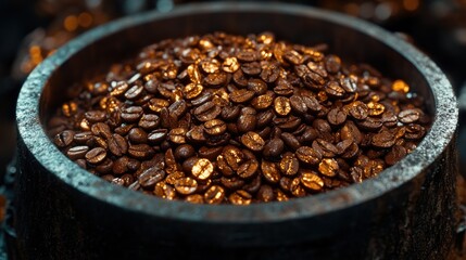 Fototapeta premium Roasted coffee beans in barrel, dark background