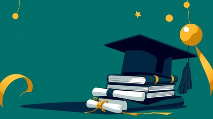 The background for graduation greetings contains graduation hat ornaments, books and rolls of paper, there is empty space for text