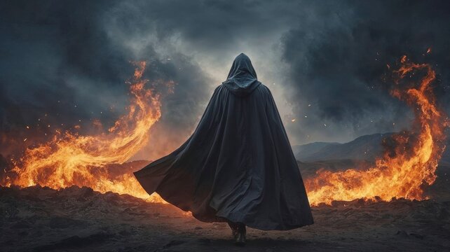 shadowy figure in a dark cloak stands against a dramatic backdrop of swirling flames and smoke. The ominous, cinematic scene evokes a sense of mystery, danger, and supernatural power