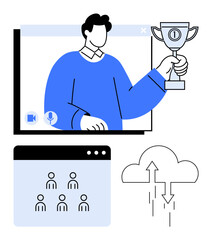 Person holding trophy during video call, conference participants, cloud connections. Ideal for teamwork, remote work, digital success, leadership, communication, networking abstract line flat