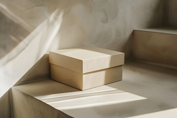 Cardboard box mockup, minimalistic design, realistic textures, soft shadows, high-quality lighting, studio setting. Generative Ai.