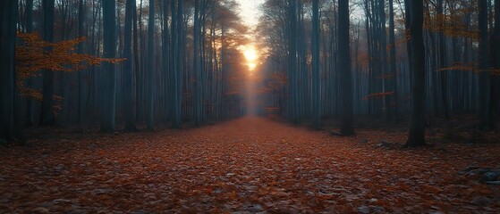 Sunlit autumn path through misty forest.