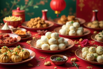 Festive Celebration Scene with Variety of Traditional Asian Sweets and Treats on Decorative Red Table during Lunar New Year