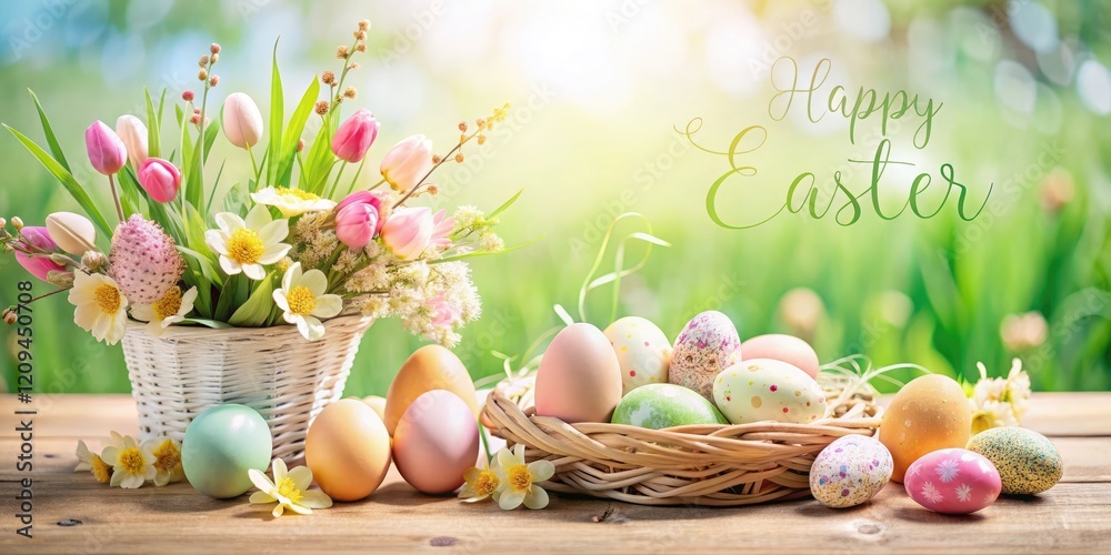 Poster beautiful colorful cheerful easter composition with colorful easter eggs in a basket and spring flow
