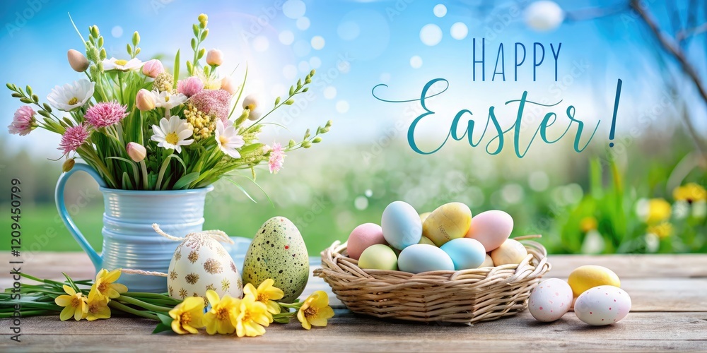 Poster beautiful colorful cheerful easter composition with colorful easter eggs in a basket and spring flow