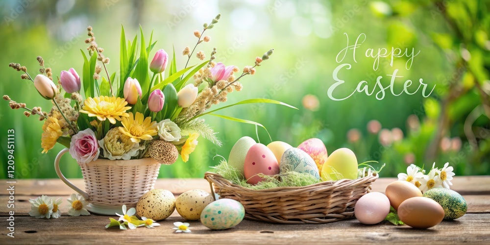 Poster beautiful colorful cheerful easter composition with colorful easter eggs in a basket and spring flow