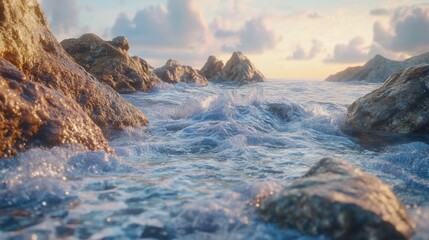 Fototapeta premium Tranquil ocean waves gently lap against rocky shores at sunset.