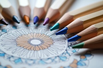 Colored pencils surround partially colored circular design.