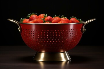 Freshly picked strawberries resting in a vibrant red colander, ready for rinsing and enjoying