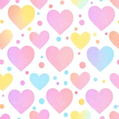 Pastel Hearts Seamless Pattern: A cheerful and vibrant pattern featuring pastel-colored hearts of varying shades and sizes, interspersed with small dots.