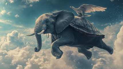 Fototapeta premium Majestic Flying Elephant Carrying a Companion in the Sky. Fantasy Flight: Flying Elephant and Its Passenger. The Skybound Elephant: A Magical Ride. Unbelievable Flying Elephant with a Passenger