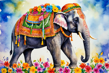 Obraz premium Indian elephant decorateId with garlands of bright and varied colors. Celebration of the Flower Festival in India with traditional decorations. Riot of colourful splendour. Watercolor painting.