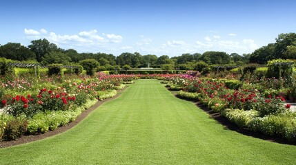 Obraz premium Rose garden path, summer day, sunny sky, landscaping. Use garden design inspiration