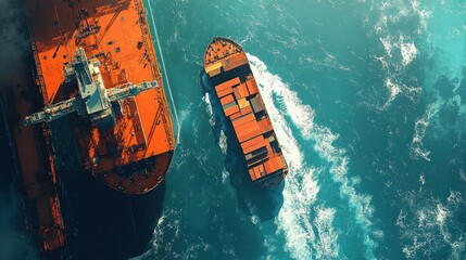 Two cargo ships sail parallel across a vast ocean