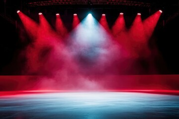 ice hockey arena, with spotlights shining down from the top and two lights in front on a black background in a red color theme, with smoke.