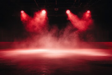 ice hockey arena, with spotlights shining down from the top and two lights in front on a black background in a red color theme, with smoke.
