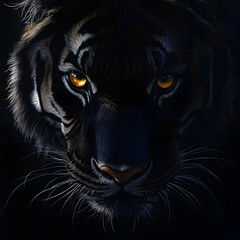 Obraz premium A ferocious black tiger head with sharp eyes. A scary and scary tiger face, black and white fur.