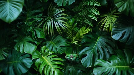 Camouflaged chameleon amidst lush tropical foliage.