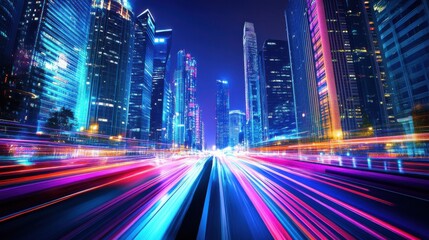 Obraz premium Vibrant city lights create a dynamic urban scene at night with colorful motion blur.