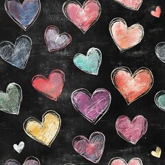 Obraz premium Chalkboard Hearts: A charming pattern of colorful hand-drawn hearts on a black chalkboard background, perfect for Valentine's Day, romantic projects, or adding a touch of whimsy to your designs.