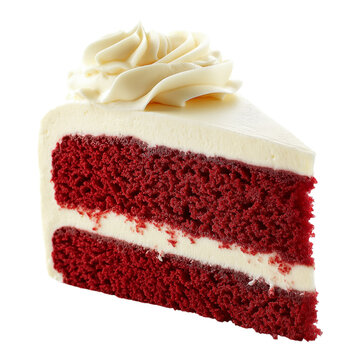 A single slice of red velvet cake with cream cheese frosting, isolated on a white background