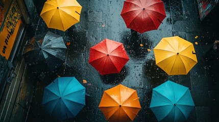 Abstract top-down view of colorful umbrellas on a rainy street, artistic and vibrant urban scene 